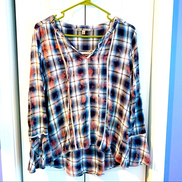 Seven7 Tie Dye Western Plaid Tie front Hi Lo Tunic with Fun Bell Sleeves Sz M - Picture 4 of 15